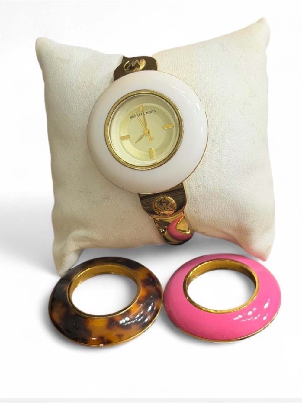 Michael Kors Gold-Tone Cuff Watch with White, Pink & Tortoiseshell Bezels - Picture 3 of 7